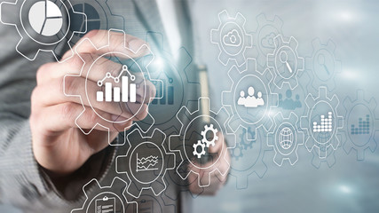 Workflow and automation technology concept. Business process abstract diagram with gears and icons.