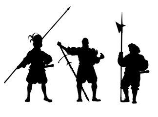 Medieval warriors after the battle. Mercenary illustration. Historical Illustration. Silhouette set.
