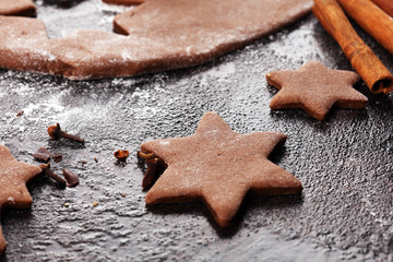 Baking christmas cookies. Typical cinnamon stars bakery with spices. xmas decoration on table