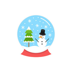 Christmas snow globe round vector illustration icon. Seasonal, festive xmas, winter snow globe. Glass sphere with little landscape inside, snowman, snow and tree. Isolated cartoon graphic.
