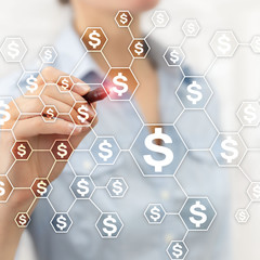 Dollars icons, money network structure. ICO, trading and investment. Crowdfunding.