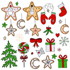 Set of elements for New Year's and Christmas design. Color vector illustration.