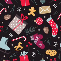 Seasonal seamless pattern with Christmas Holidays elements.