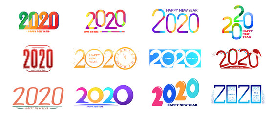 Colorful set of 2020 happy new year signs. Vector illustration with original holiday labels isolated on white background