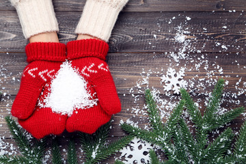 Hands in knitted mittens holding white snow with fir tree branches on wooden table