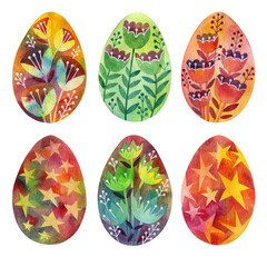 Set of easter eggs with floral patterns. Watercolor illustration. Symbols of the spring holiday.