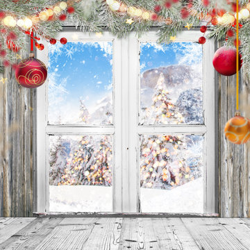 Christmas old white window with decorations, lots of copy space for your product or text.