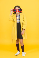 Dreaming about fame. Become popular. Celebrity child. Star concept. Fame and popularity. Cheerful girl wear eyeglasses. Cool kid celebrity. Popular schoolgirl. Carnival costume famous celebrity