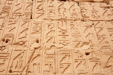 Fototapeta na wymiar Hierogylphics on wall. Karnak Temple, Luxor, Egypt