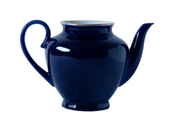 Blue ceramic teapot isolated on white background.