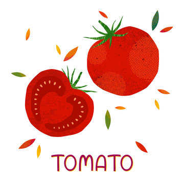 Isolated tomatoes: whole tomato and half sliced on a white background.Seasonal farm products.Healthy nutrition.Agricultural fair.Harvest season..Hand drawn vector illustration.