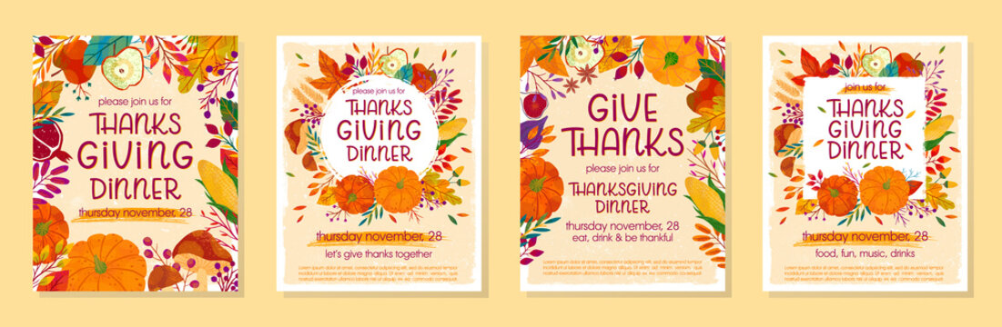 Bundle of Thanksgiving dinner templates with pumpkins,mushrooms,corn,apples,figs,wheat,plants,leaves,berries and floral elements.Holiday invitations design.Trendy autumn vector illustrations.
