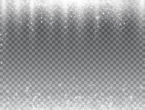 Snow falling on transparent background. Bright magic Christmas design. Glitter snowflakes, sparkling snowfall and glowing particles. Winter backdrop with realistic snow. Vector illustration