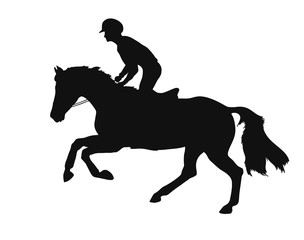 Silhouette of a racing horse and rider in line illustration