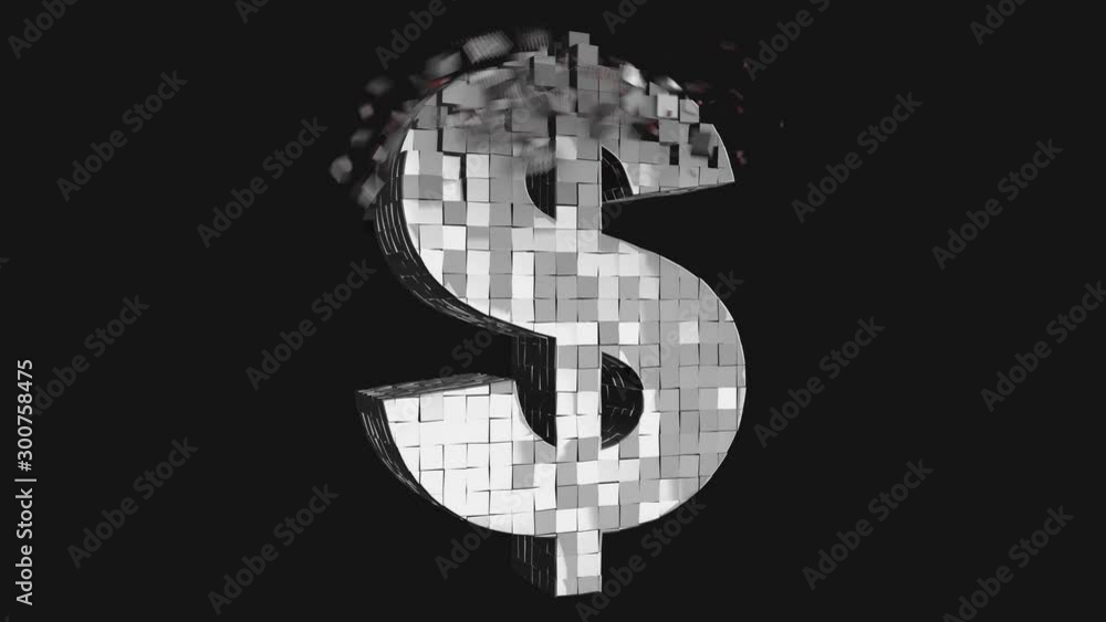 Poster dollar sign - build and destroy dollar symbol from metallic cubes, 3d number animation on dark and c