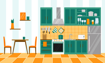modern kitchen in flat style. interior with furniture and equipment. vector illustration