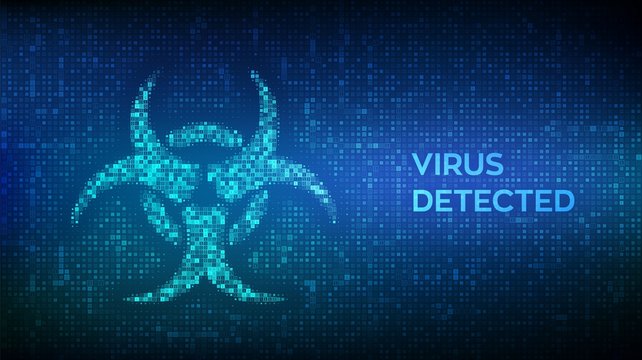Virus detected. Computer virus hazard sign made with binary code. Hacked. Digital binary data and streaming digital code background. Concept of cyber crime, internet piracy and hacking. Vector.