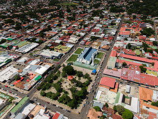 Beautiful aerial view of Liberias church and park in Costa Rica