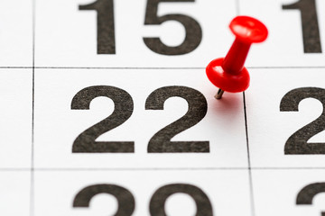 Pin on the date number 22. The Twenty second day of the month is marked with a red thumbtack. Pin...