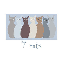 7 multi-colored cats in the Scandinavian style. Cartoon. For printing on a t-shirt.
