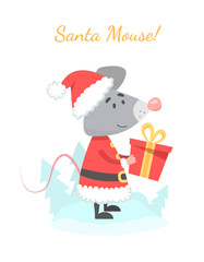 Santa mouse with new year gift, vector illustration for postcard