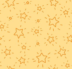 Asterisks small, seamless pattern, flat, yellow, vector. Contour, shining stars with rays on the yellow field. Imitation of a freehand drawing.  