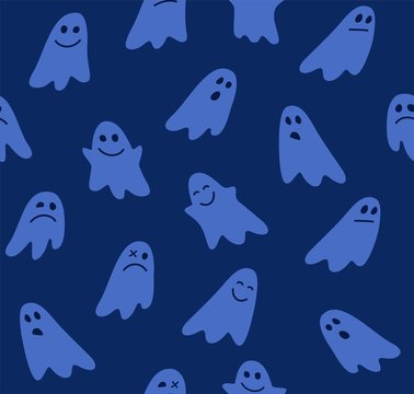 Ghosts, seamless pattern, blue, vector. Colored, flat background. Vector picture. Blue images on a blue field.  