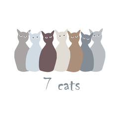 7 multi-colored cats in the Scandinavian style. Cartoon. For printing on a t-shirt.