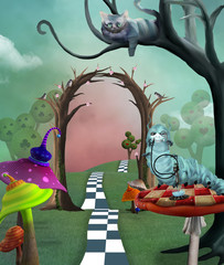 Surreal countryside landscape inspired by Alice in Wonderland fairytale - obrazy, fototapety, plakaty