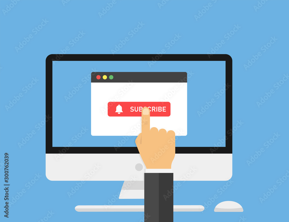 Poster computer with browser window with button subscribe. hand point on button subscribe. social media ele