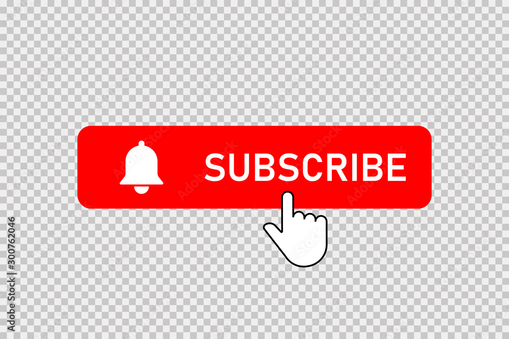 Poster subscribe red button with bell and hand clicking cursor. subscribe button with bell and pointer. soc