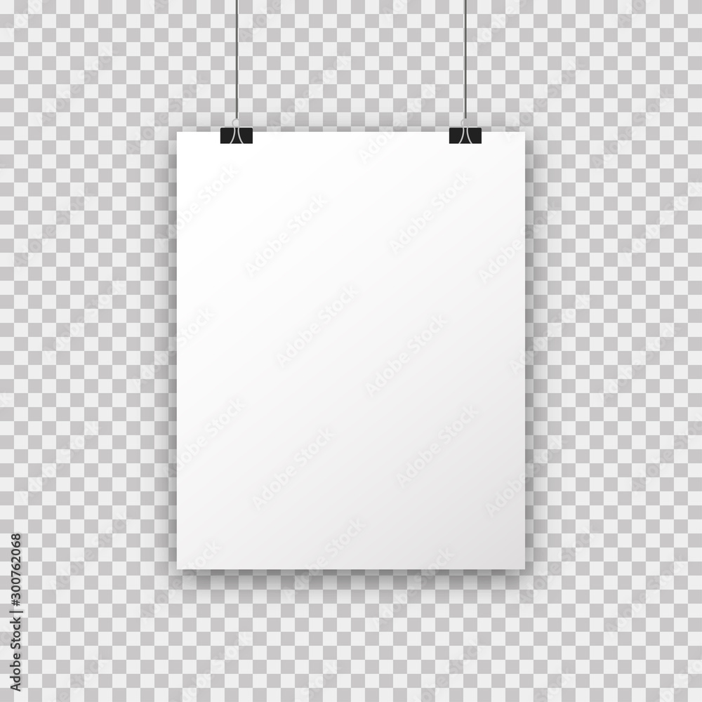 Poster white poster a4 hanging on binder. poster on transparent background with realistic shadow. paper moc