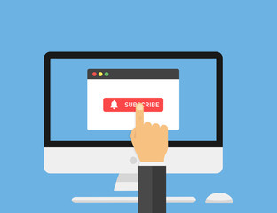 Fototapeta premium Computer with browser window with button subscribe. Hand point on button subscribe. Social media element. Vector web element. Social media channel. Online subscribe vector button design.