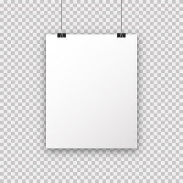 White poster a4 hanging on binder. Poster on transparent background with realistic shadow. Paper mock up. White empty. Realistic isolated vector mockup. Photo frame mockup.