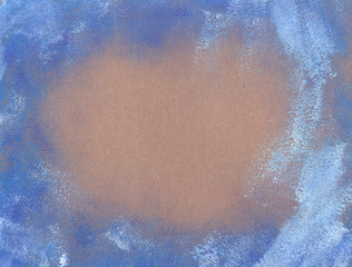 Hand painted acrylic gouache watercolor abstract winter blue frame border on the craft paper with empty blank copy space for text