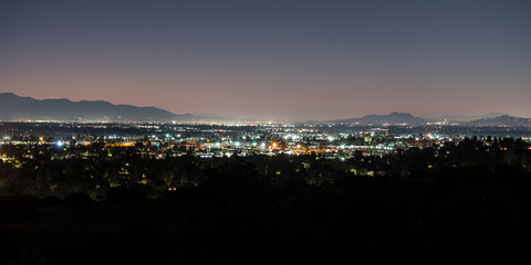 Panoramic predawn San Fernando Valley view from the Santa Susana Mountains in Los Angeles, California.  