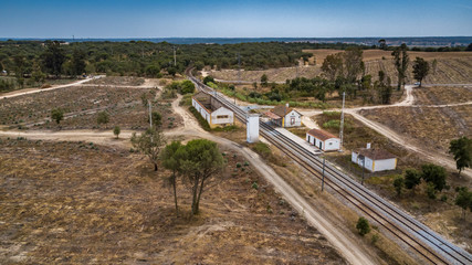 Fototapeta na wymiar Aerial drone top view of train station in Agolada, Coruche, Portugal.