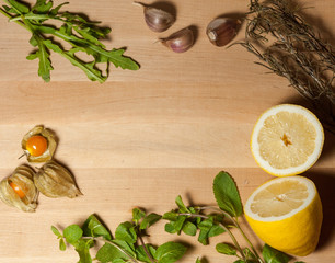 Fototapeta na wymiar lemon and spices on the board