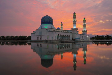 Beautiful sunrise with floating mosque in Sabah Malaysia