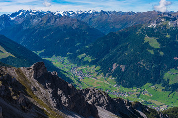panoramic view of the alps in the stubai valley, tyrol