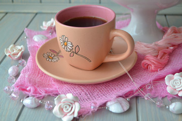 Breakfast with pink cup of coffee and homemade russian zefir or marshmallow on a gentle morning. Pastel vintage background