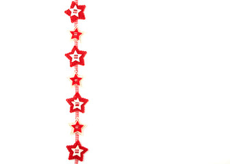 Christmas garland with carved red felt stars on white yellow background. Concept for greeting cards, invitations with copy space