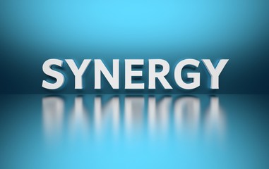 Word Synergy written in bold white letters on blue reflective background. 3d illustration.