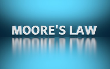 Word Moore's law written in bold white letters on blue reflective background. 3d illustration.