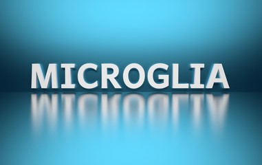 Word Microglia written in bold white letters on blue reflective background. 3d illustration.