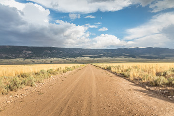 Fototapeta na wymiar Long straight dirt road in Utah with dramatic clouds