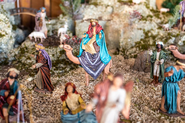 Religious figures of nativity scene at Christmas.