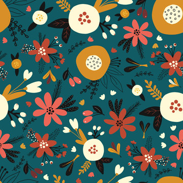 Winter autumn flowers and leaves seamless vector pattern. Christmas floral hand drawn background for holiday greeting card, gift wrap paper, fabric design, surface decoration, digital paper