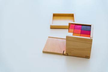 Different types of montessori educational material for use in schools for children in primary and primary school.