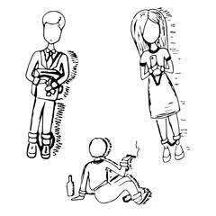 addict man and woman set of addiction symbols, outlined vector sketch